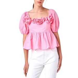 English Factory Rose Applique Square Neck Cotton Ruffle Poplin Top Blouse